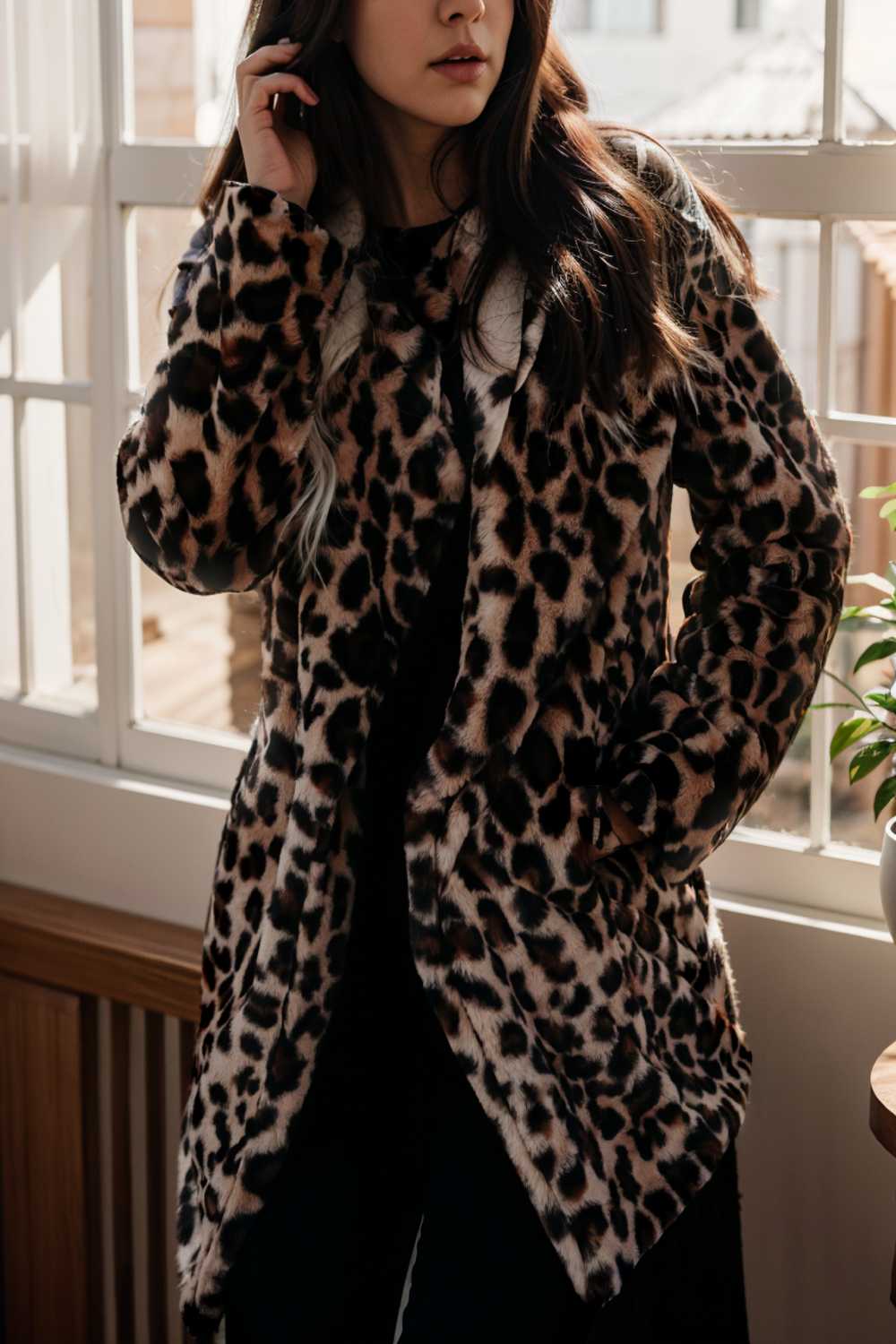 Nahir® | Long sleeve leopard print midi coat with lapels