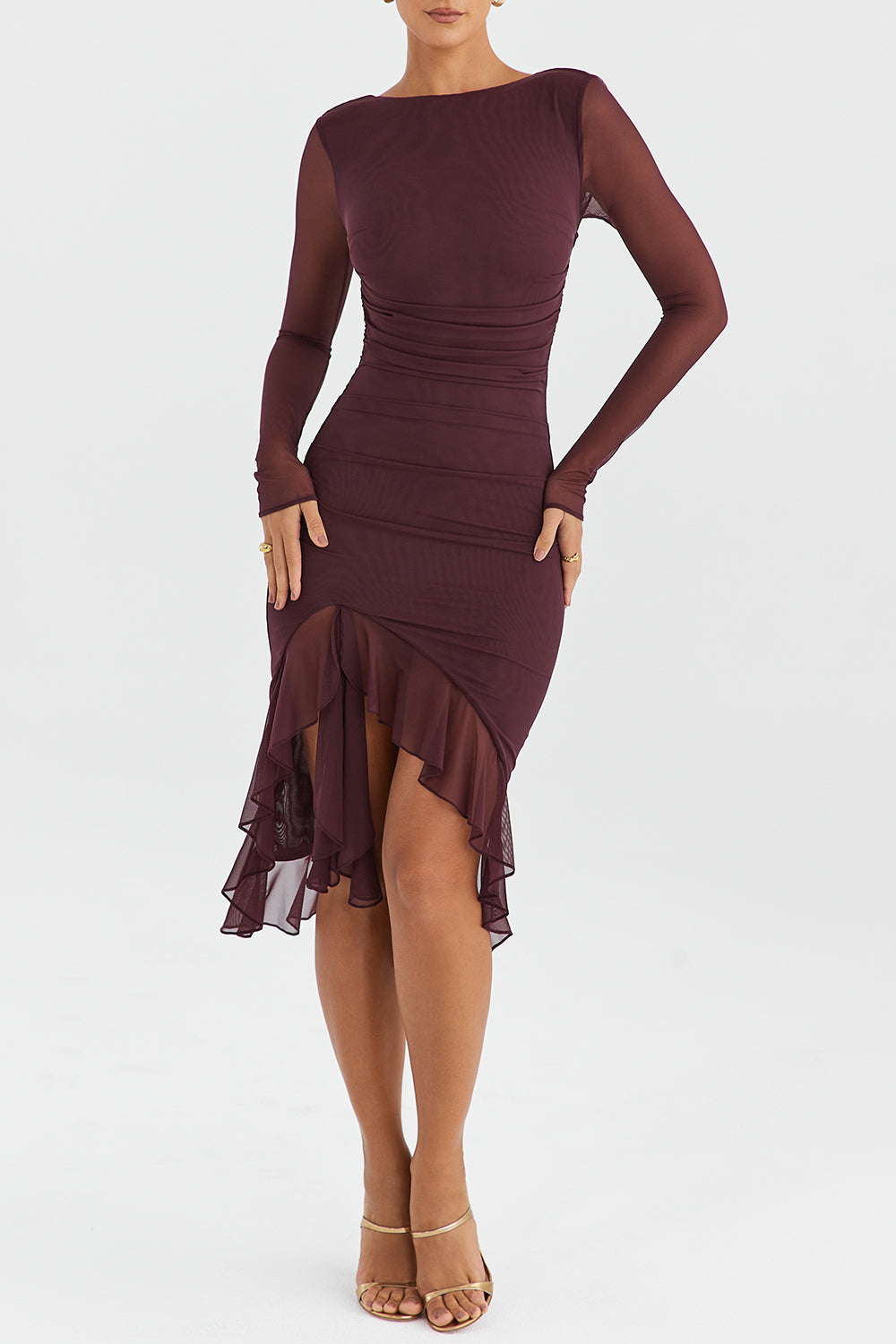 Zara® | Midi dress with ruffles and long sleeves in purple