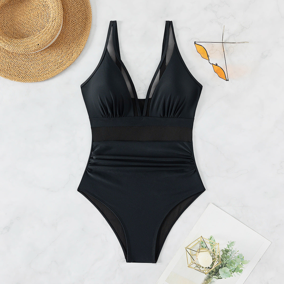 Sierra® | Black ruched elegant mesh V-neck swimsuit