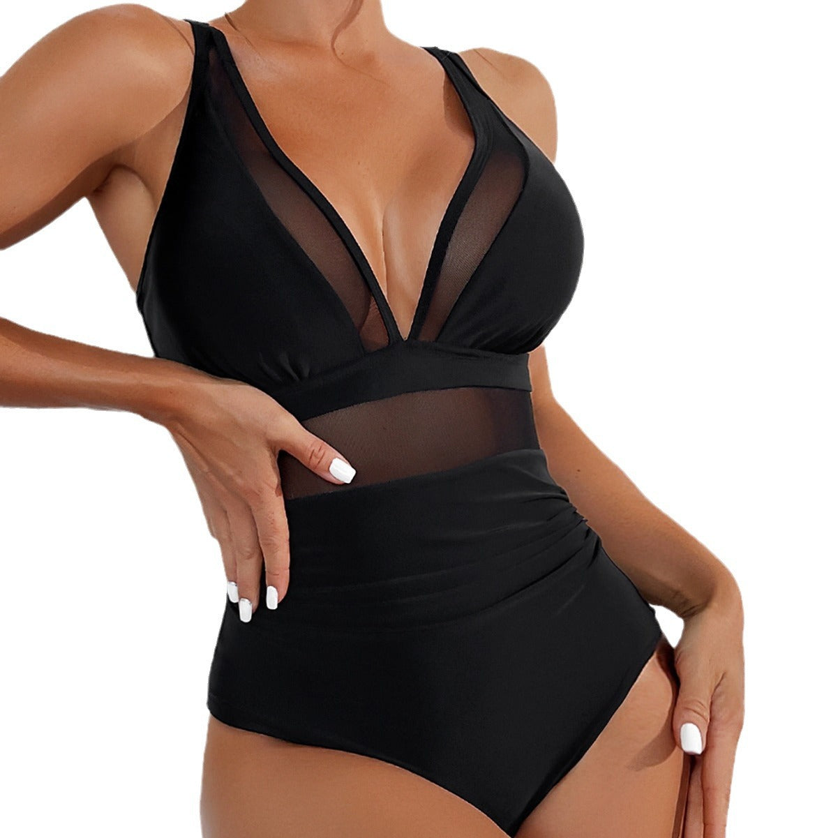 Sierra® | Black ruched elegant mesh V-neck swimsuit