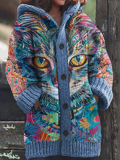 Trinidad® | Casual, comfortable hooded cardigan with cat print