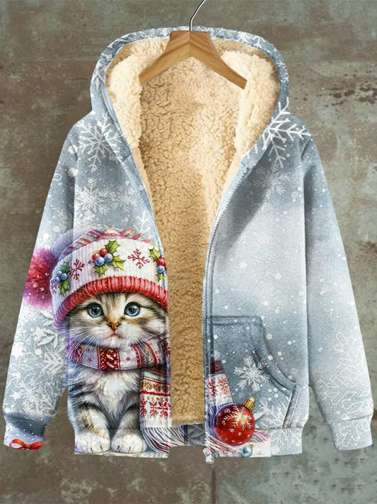 Zaida® | Featuring snowflake cat pattern zip hoodie fleece jacket