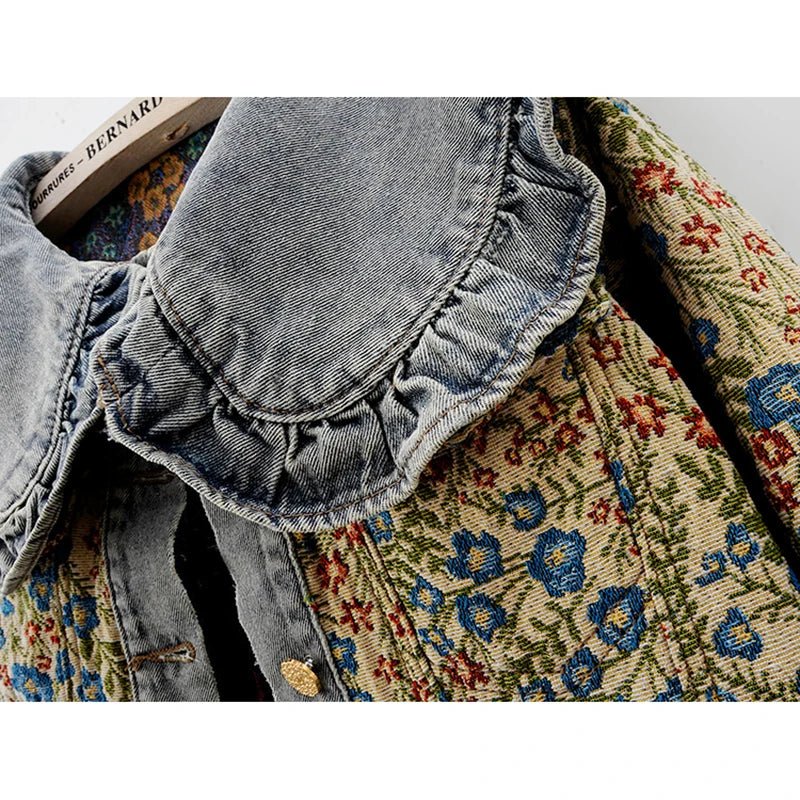 Ana Maria® | Stylish autumn denim jacket with jacquard embroidery and Peter Pan collar for women