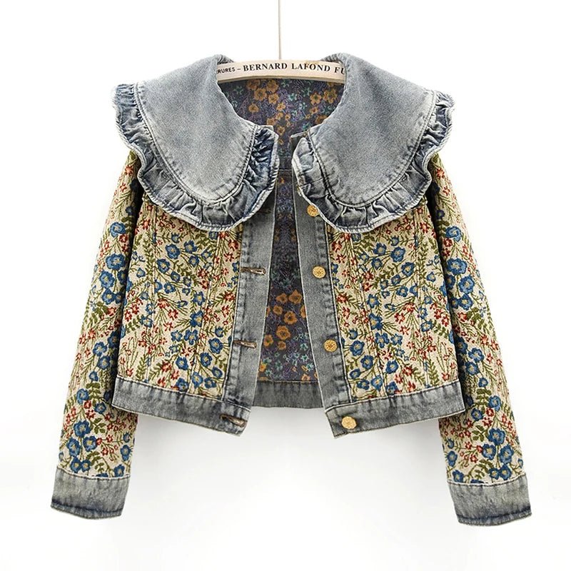 Ana Maria® | Stylish autumn denim jacket with jacquard embroidery and Peter Pan collar for women